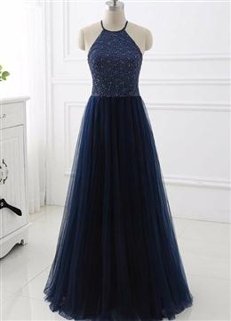 Picture of Elegant Navy Blue Halter Beaded Long Evening Dresses, Pretty Prom Dresses